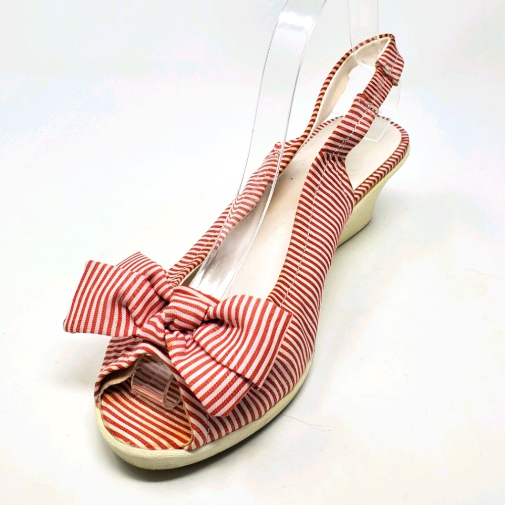 LOWER EAST SIDE Red & White Striped Bow Wedge Heel